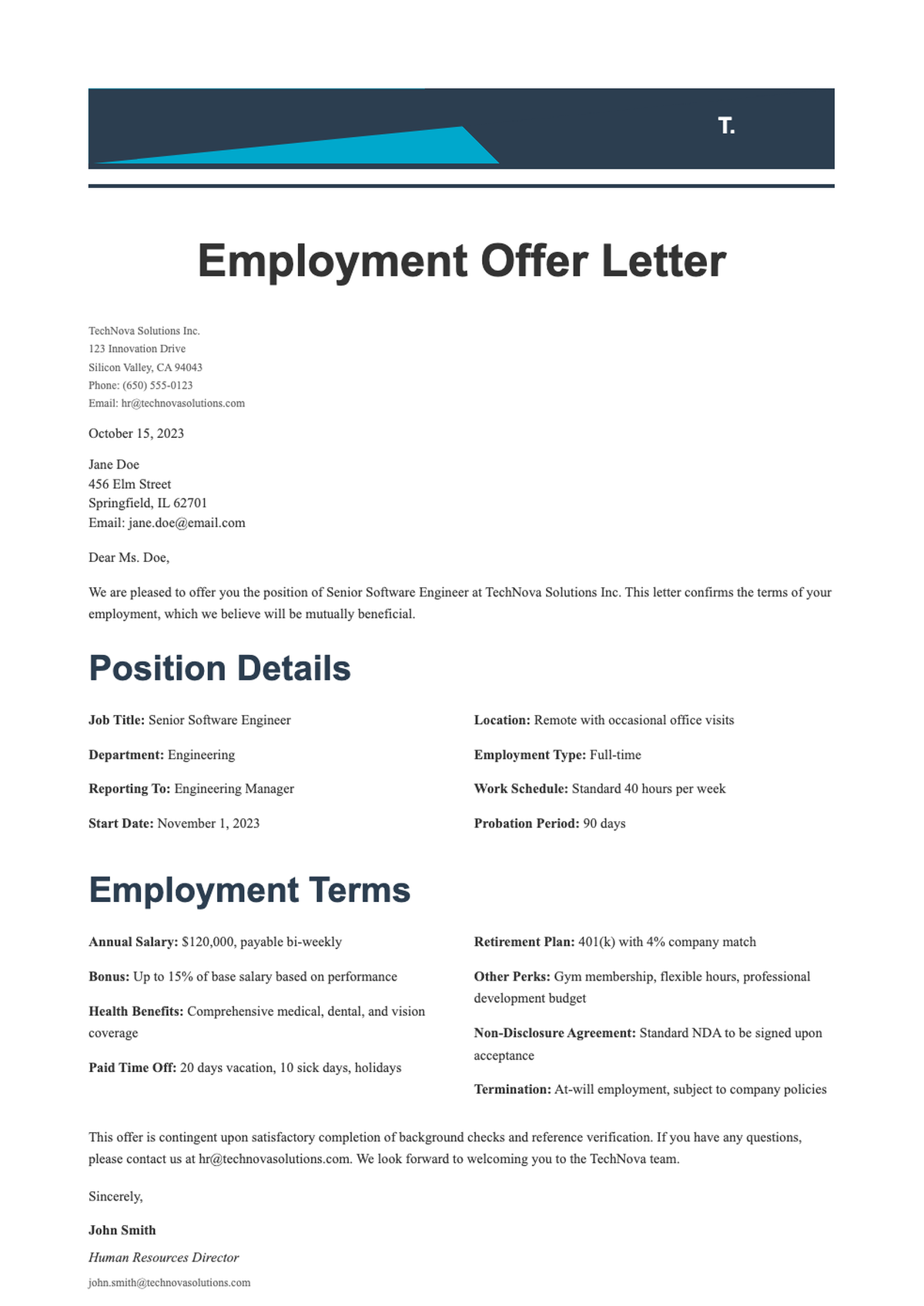 Professional job offer letter template with blue header and placeholder fields_variant_3
